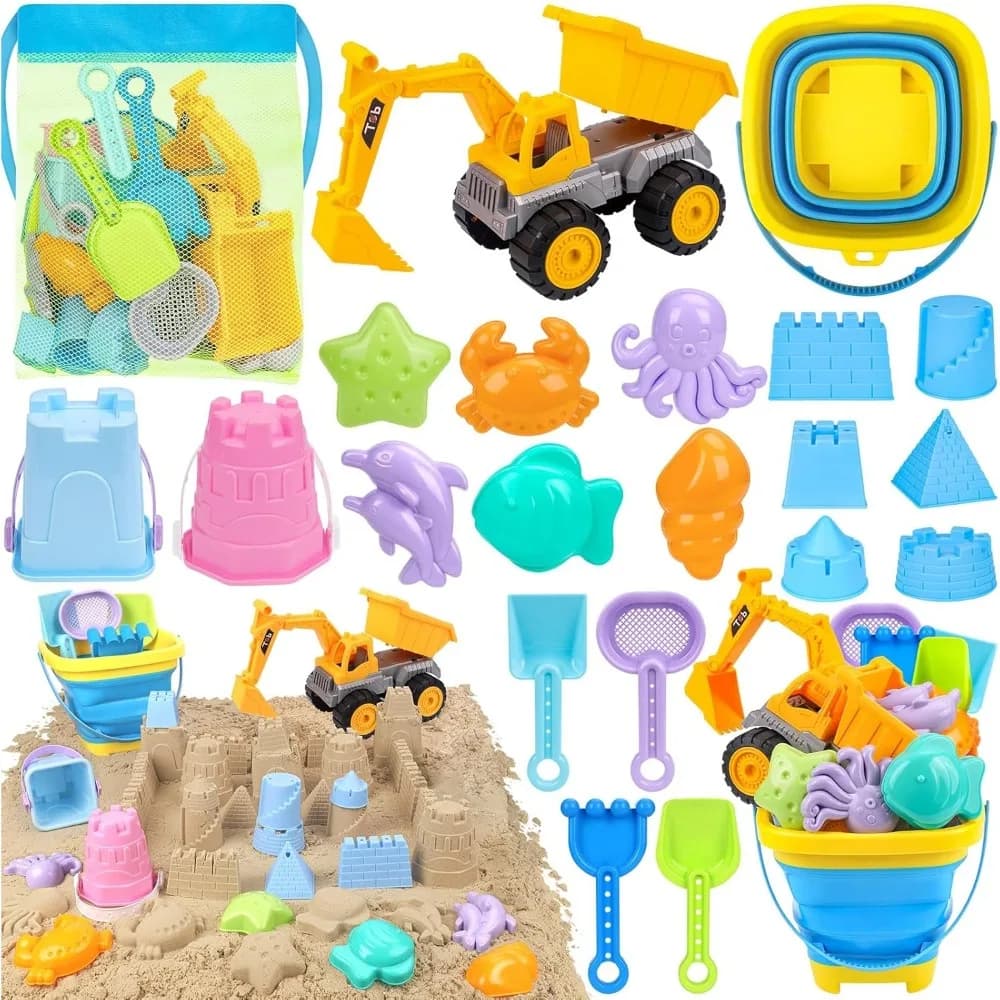 Giocattoli da Spiaggia per Bambini, Set Sabbiera con Escavatore, Secchio Pieghevole, Kit per Costruire Castelli, Stampi per Animali, Borsa a Rete