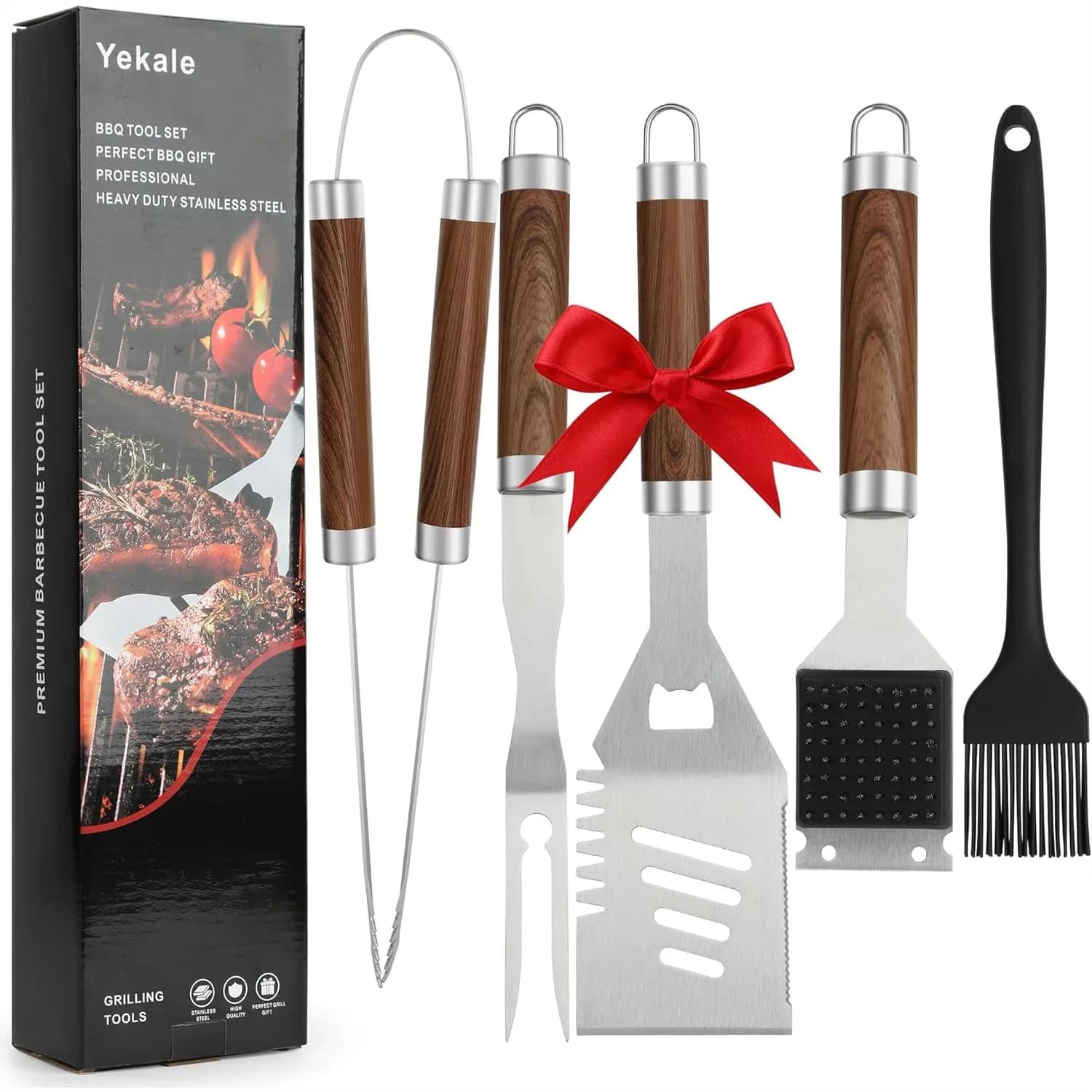 Set di Accessori per Barbecue, 5 Utensili per Grigliare con Spatola, Forchetta, Pinze e Pennello, in Acciaio Inossidabile Resistente per Barbecue all'Aperto