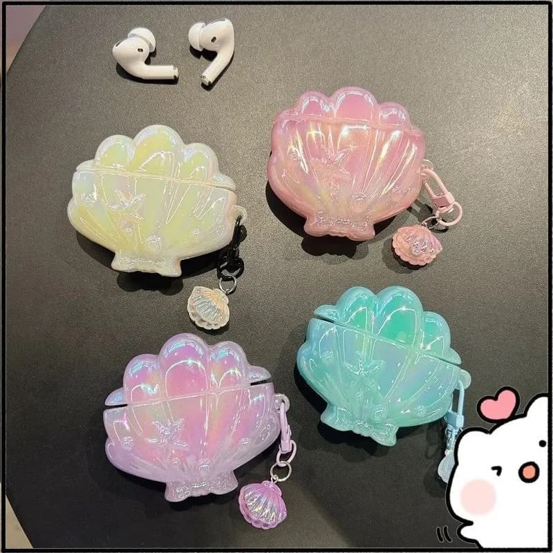 Custodia per AirPods iridescente elettroplaccata con design a cartone animato, compatibile con AirPods 2, 3, Pro, 4, cover protettiva glitterata con portachiavi a conchiglia per donna