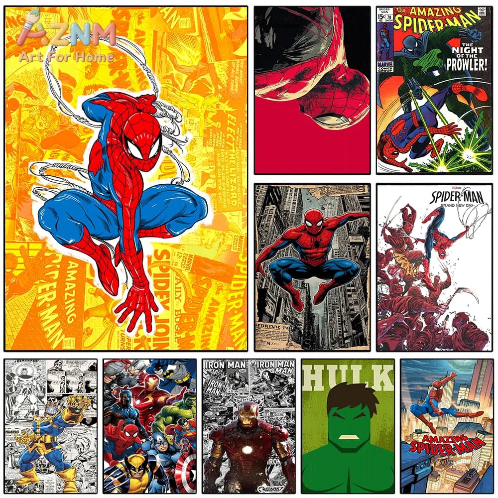 AZNM Spiderman Crouch Web‑Shooting Yellow Comic Collage Canvas Wall Print, Retro Superhero Character Art Poster, Unframed Canv