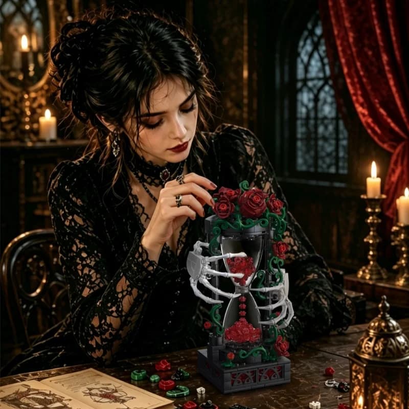 Darkness Gothic Skull Hand Rose Building Block Assembly Model Skeleton Hourglass Nice Ornament Creative Halloween Valentine Gift