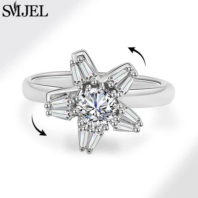 Elegante Anello Girevole Antistress a Forma di Margherita per Donne, Anello Fidget Spinner a Forma di Stella in Cristallo, Bague Femme