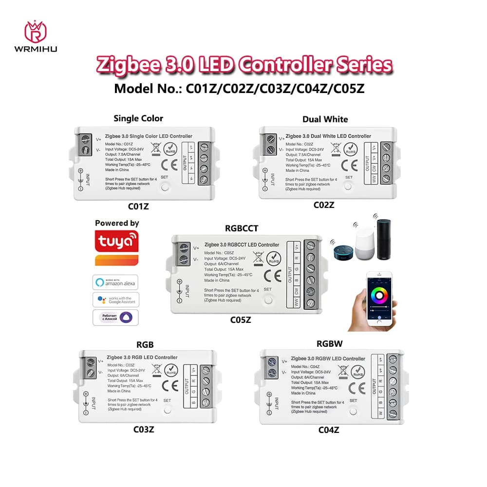 Controller LED intelligente Zigbee 3.0 DC5-24V C01Z con controllo vocale Tuya per strisce LED a colore singolo/doppio RGB RGBW RGBCCT