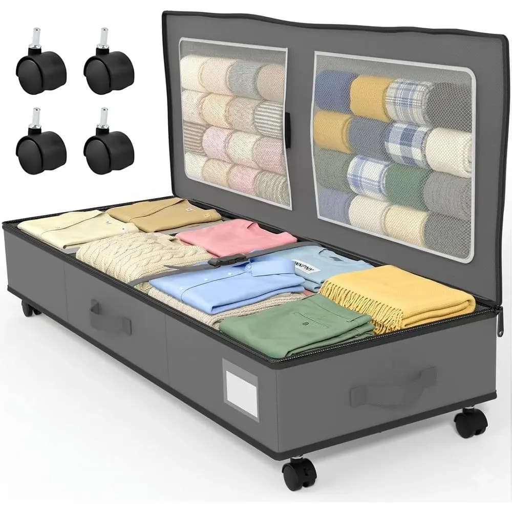 Rolling Underbed Storage Bin - 70L Capacity, Mesh Bag, Adjustable Dividers, Grey