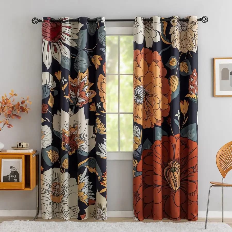 Dark Black Boho Floral Curtains 100% for Bedroom, 213 cm Length, 2 Panels, Botanical Mid-Century Style for Living Room