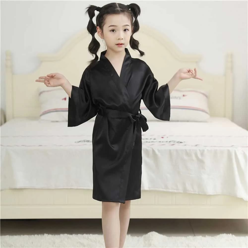 Black Satin Kids Kimono Robe Solid Girl Peacock Wedding Dresses Spa Gifts for Party Lingerie Sleepwear Bathrobe