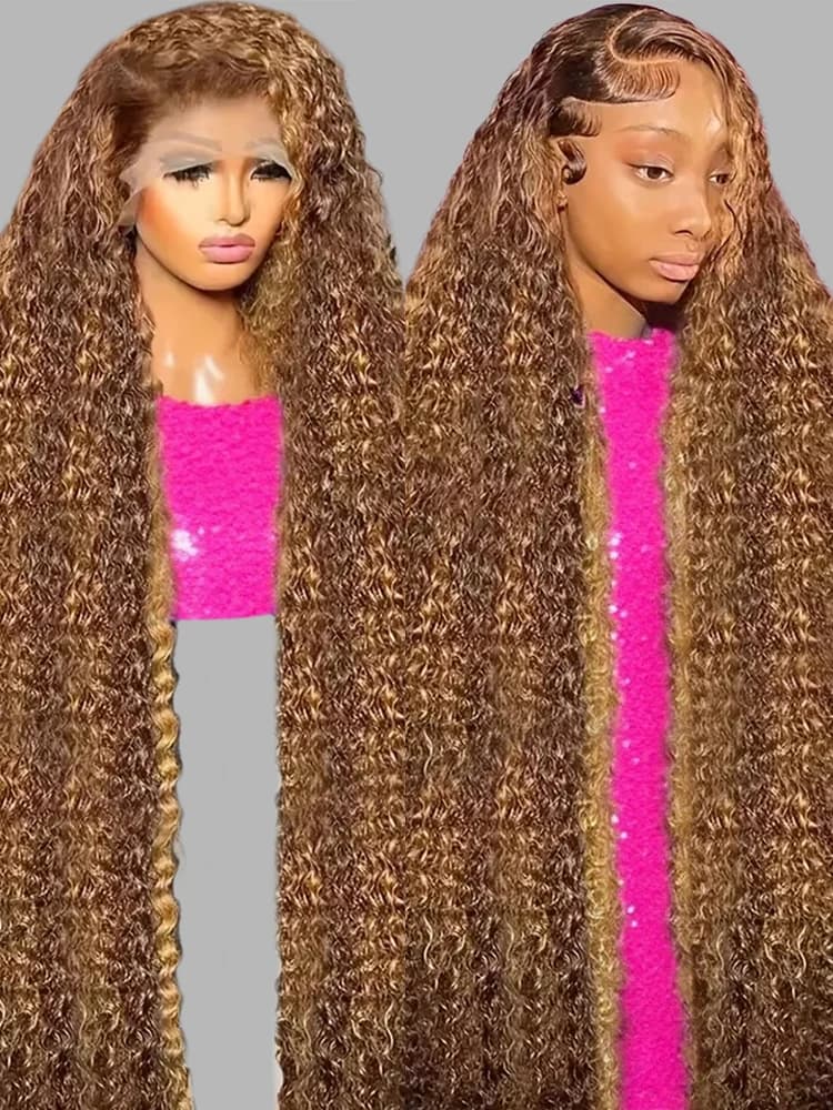 Highlight Brown Wig 13x4 HD Transparent Human Hair Deep Wave Frontal Wig Hd Lace Wigs 30 36 Inch Burmese Curly Wigs P4/27 Colored Water Wave 13x6 Full Lace Wig Wet and Wavy Lace Frontal Wigs Bleached Knot 250% Density