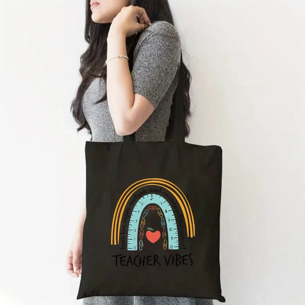 Teacher Vibes Rainbow Print Tote Bag Boho School Canvas Shoulder Bag Eco-Friendly Handbag Korean Style Versatile Fashion Black