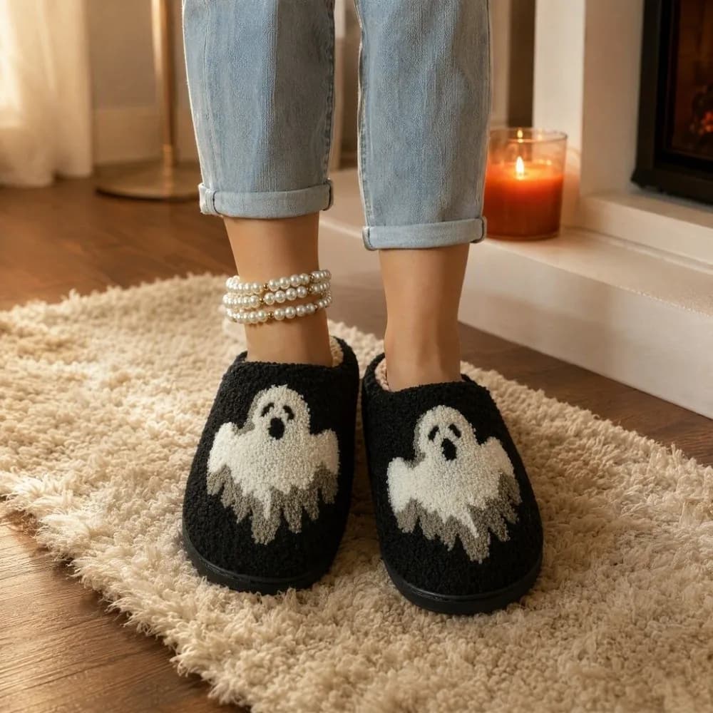 Ghosts Halloween Plush Slippers Toe Wrap Non-slip Winter Fluffy Slippers Warm Plush Soft Plush Slippers Dormitory