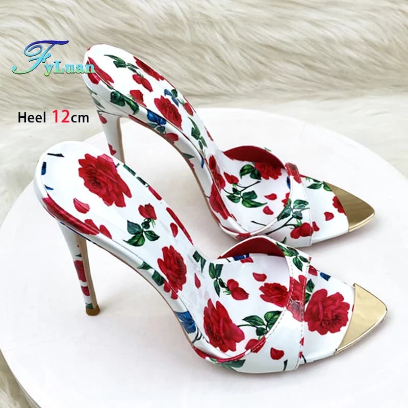 Scarpe slip-on estive da donna con stampa bianca Fiori romantici Ciabatte Sandali a spillo da 12 cm Pantofole da donna con tacco alto a punta