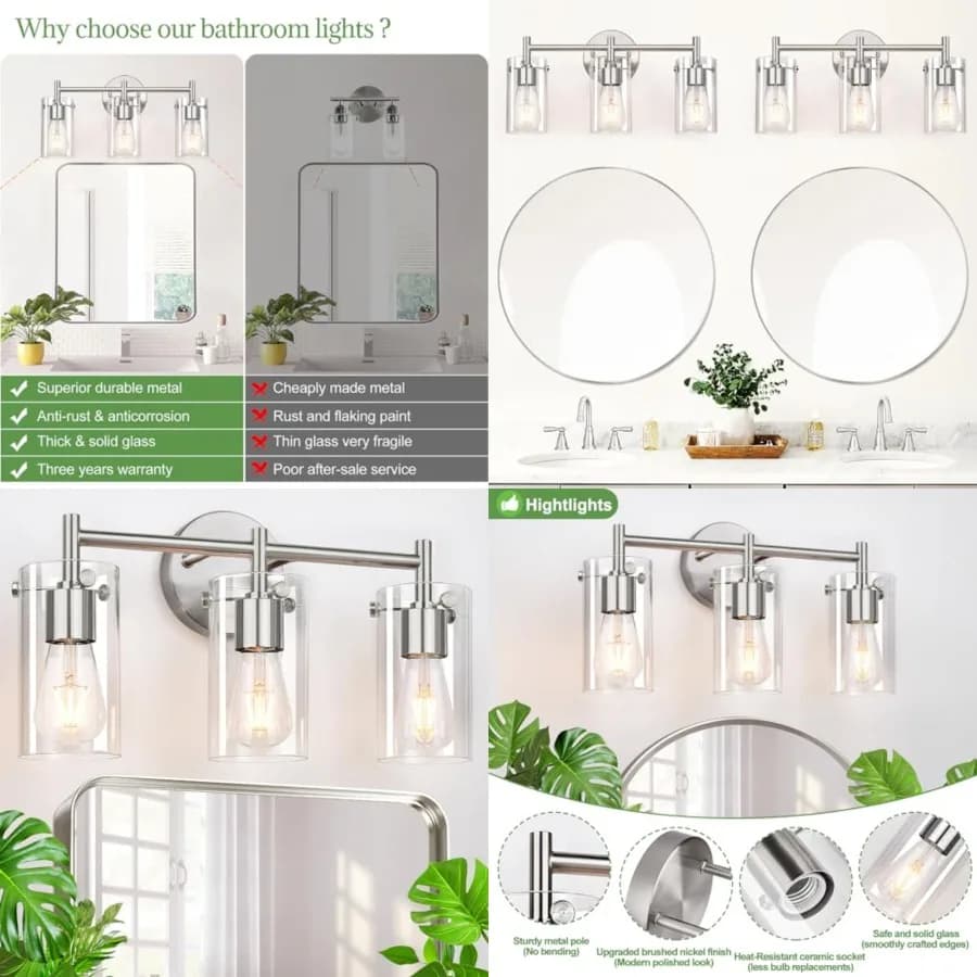 Lampade da parete per bagno, applique con paralume in vetro trasparente per specchio, camera da letto, soggiorno, corridoio