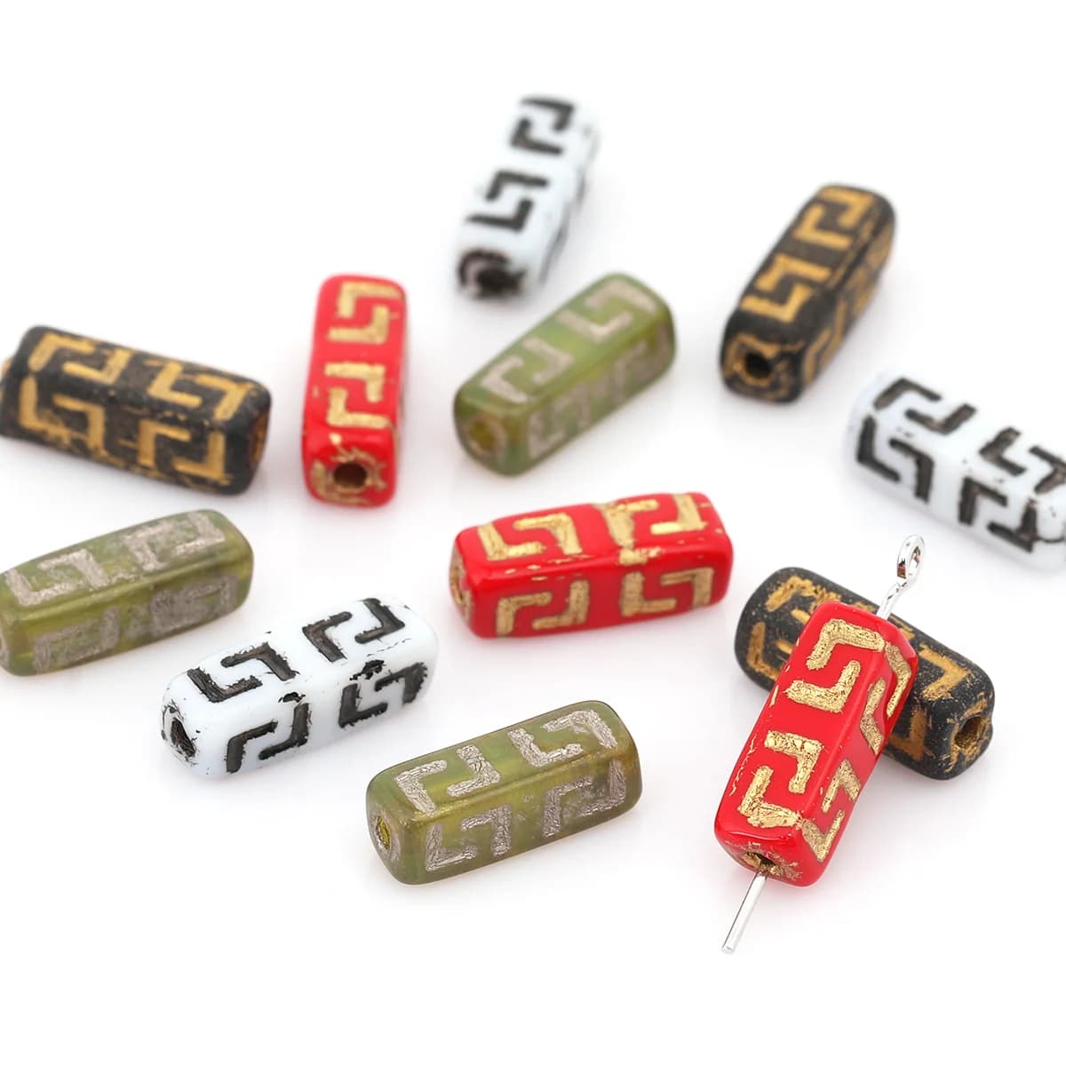 7pcs/14pcs Random Color Gold Striped Long Heart Glass Beads, 5×15mm DIY Beads for Jewelry Making Necklace Bracelet