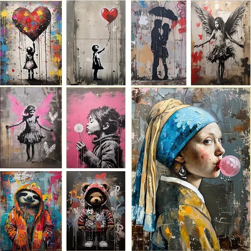 Poster e Stampe di Banksy con Ragazzo e Ragazza con Palloncino su Pannello Diamantato, Arte Pop e Street Art per Soggiorno e Decorazione Casa