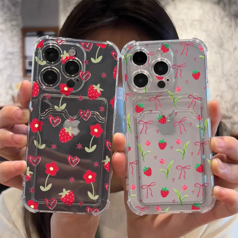 Custodia per telefono coreana con fiore di fragola carino per IPhone 16 15 14 13 12 11 Pro Max XS X 7 8 Plus SE2 Borsa per carte a portafoglio Custodia morbida e trasparente