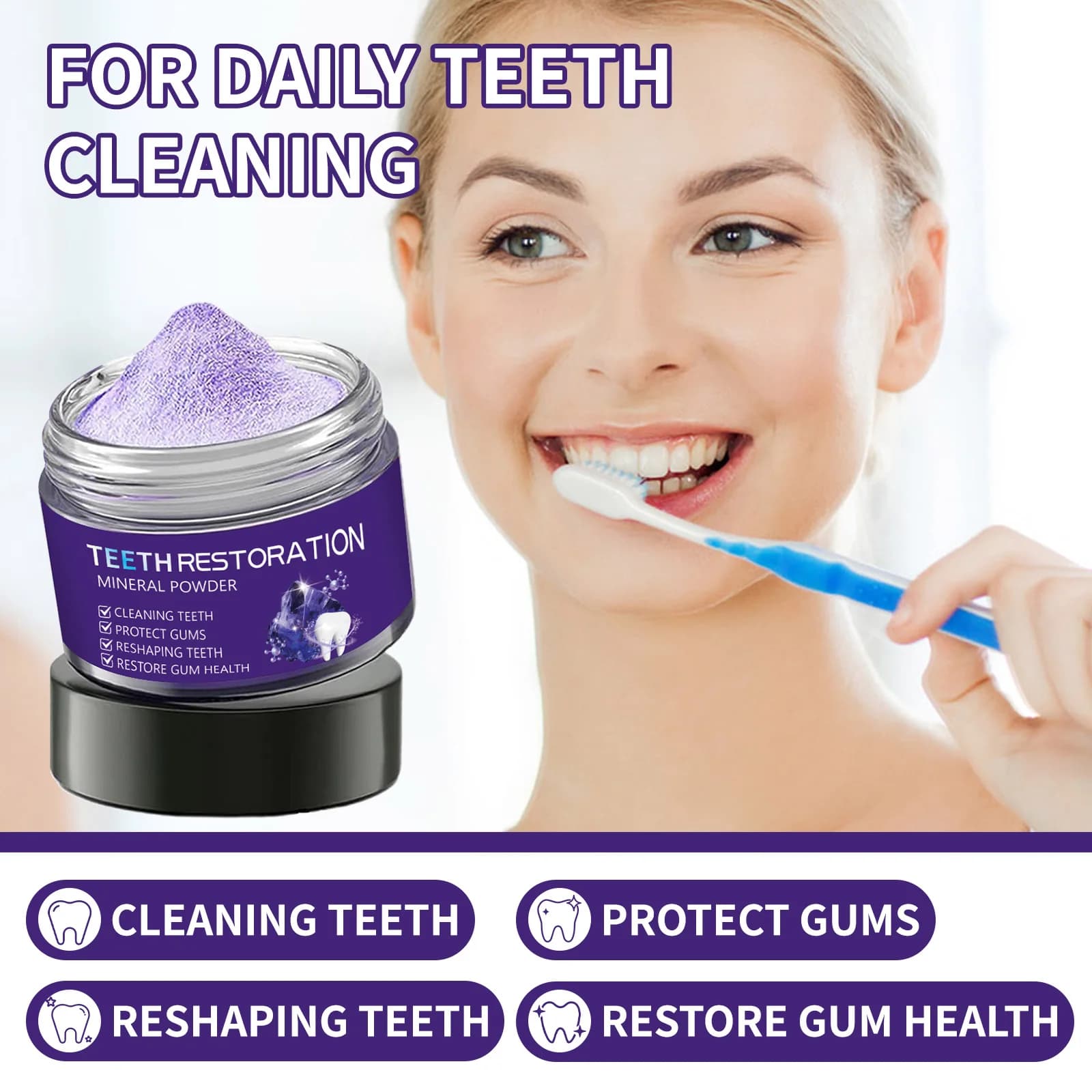 Mineral powder for restoration of teeth purple whitening toothpaste safe for polish strengthens gums for repair of teeth tartar