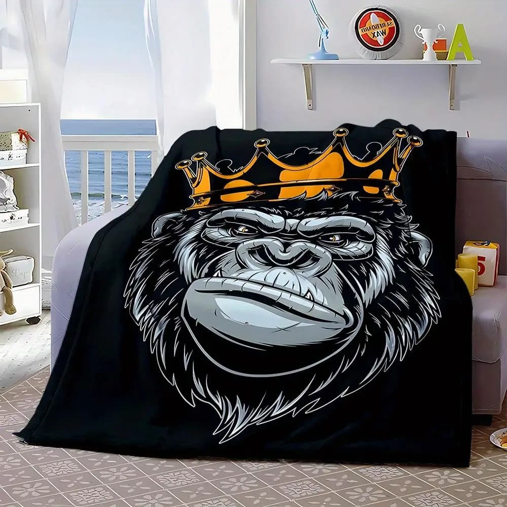 Cool Crown Gorilla Pattern Flannel printed blanket suitable for all seasons suitable for living room office sofa and travel