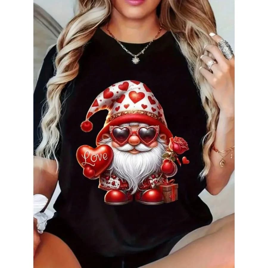 【New Arrival】Valentine Gnome Love T-Shirt Cute Heart Sunglasses Rose Print Short Sleeve Casual Black Tops