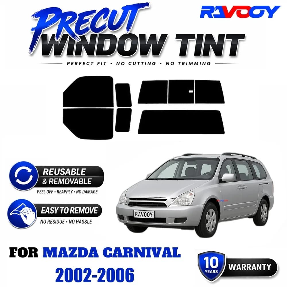 RAVOOY Precut Window Tint, Reusable Removable EPU Film, Custom Fit for Mazda Carnival 2002-2006, UV Heat Protection