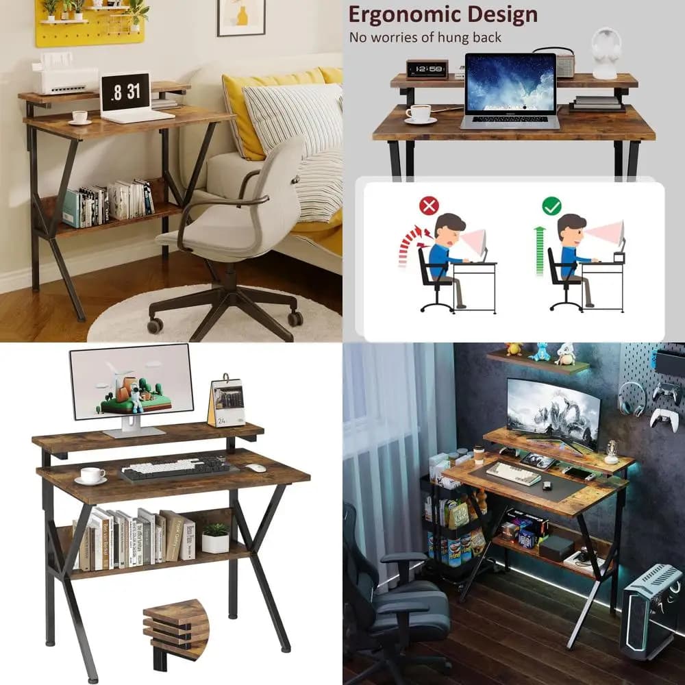 27.5 inch compact desk for small spaces with adjustable monitor support and storage space, rustic brown