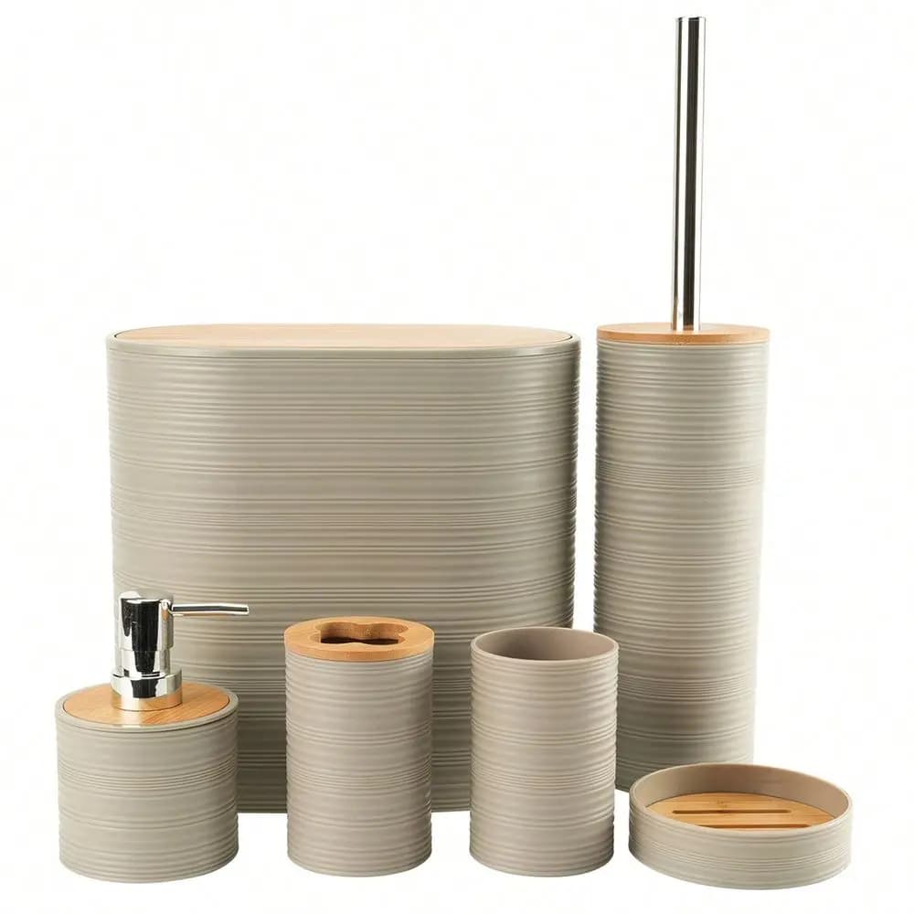Accessories Set 6 Pieces Bamboo Bath Ensemble Includes Soap Dispenser, Toothbrush Holder, Toothbrush Cup, Soap Dish For Decorat