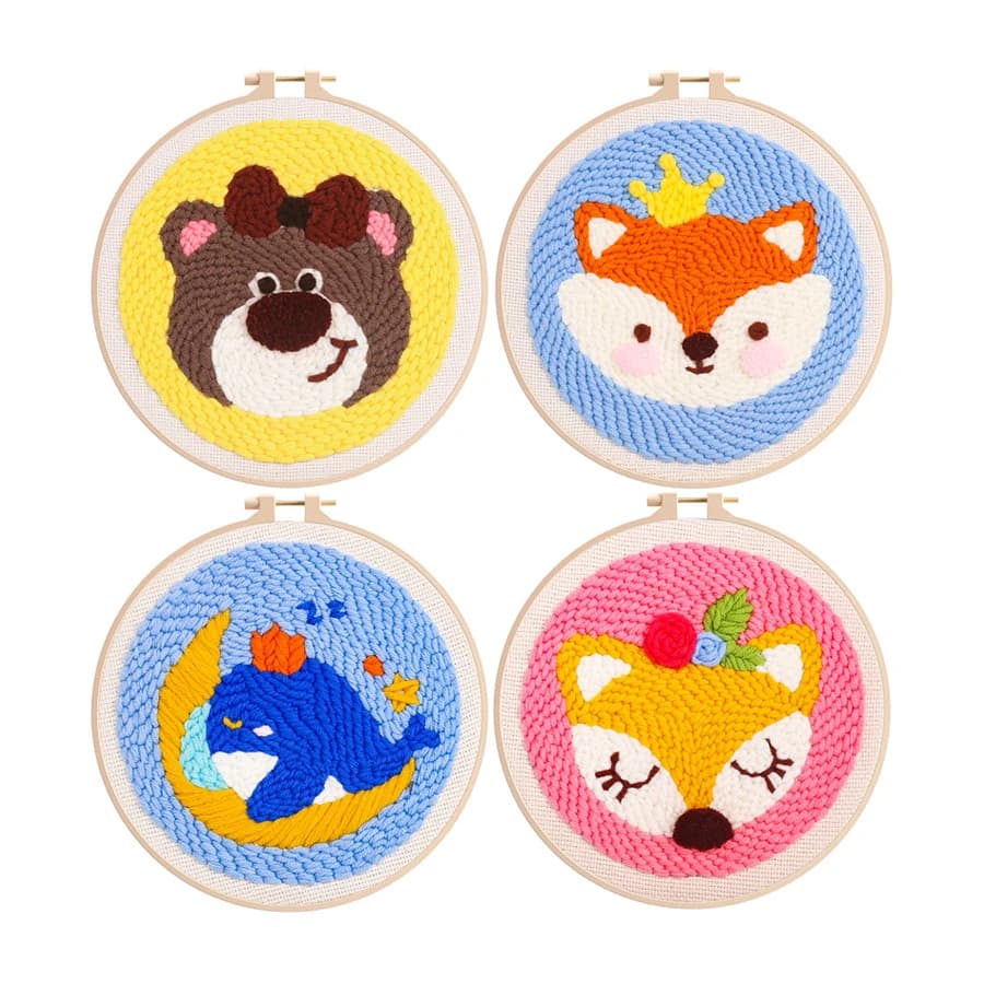 Cute Animal Punch Needle Embroidery Kit for Beginners with Hoop Embroidery Set Needlework Yarn Painting Home Decor