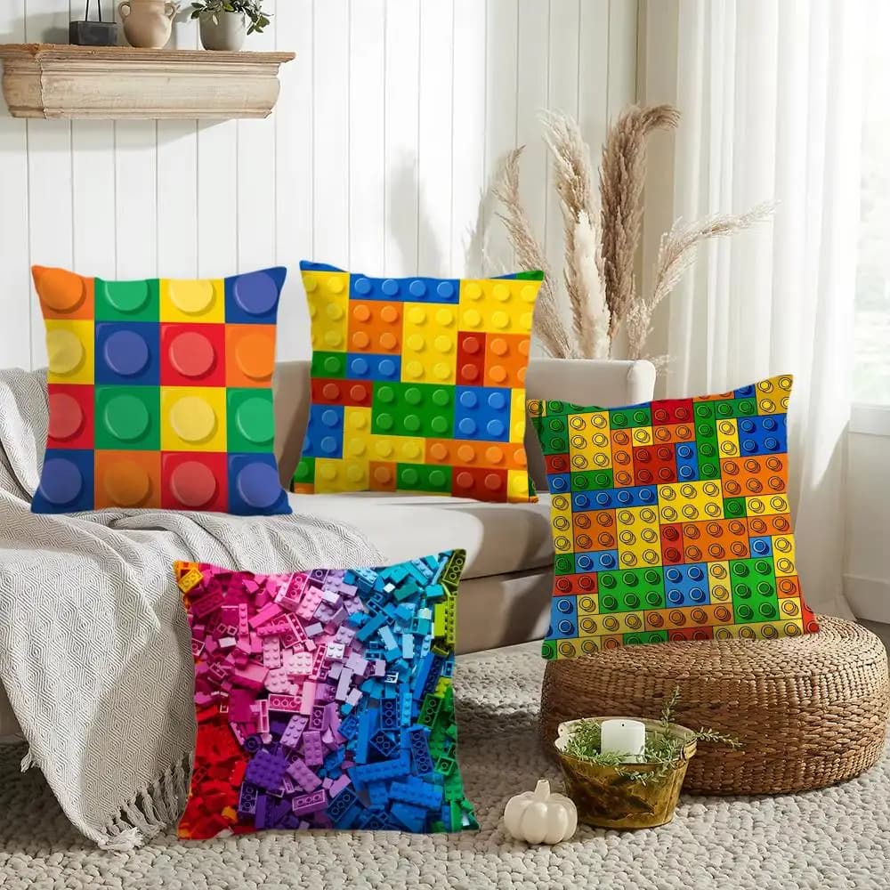 Building Blocks Deco Cushion Cover Double-Sided Printed Organic Linen Pillow Cover, Decorative for Sofa Home