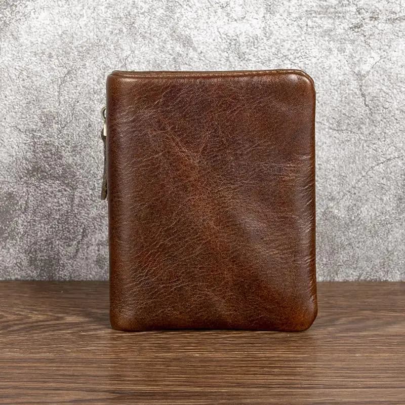 Simplified Leather Wallet for Men Vertical Short Style Vintage Oil Wax Leather Clip Button Top Layer Cowhide Money Handbag