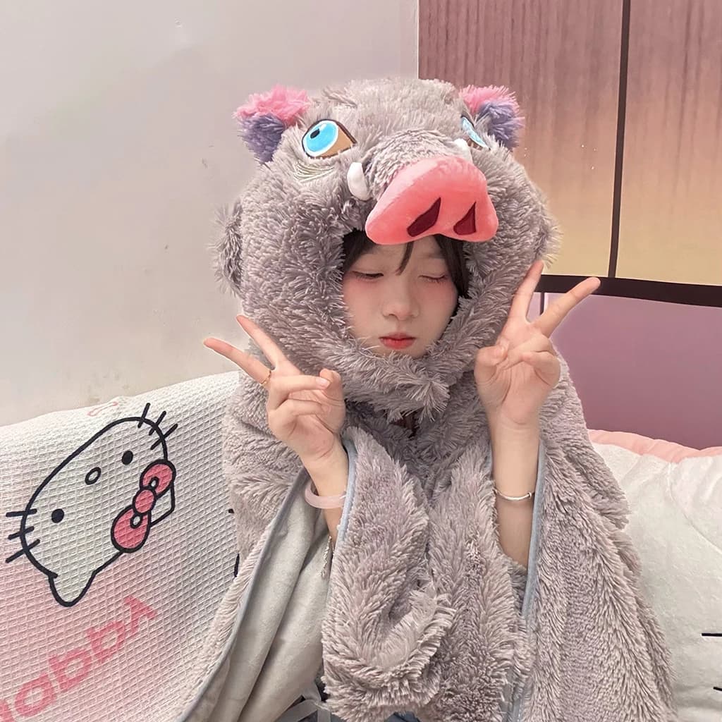 Japanese Cosplay Prop Hooded Blanket Hashibira Inosuk Plush Blanket Cartoon Stuffed Anime Wild Boar Warm Cloak Gift