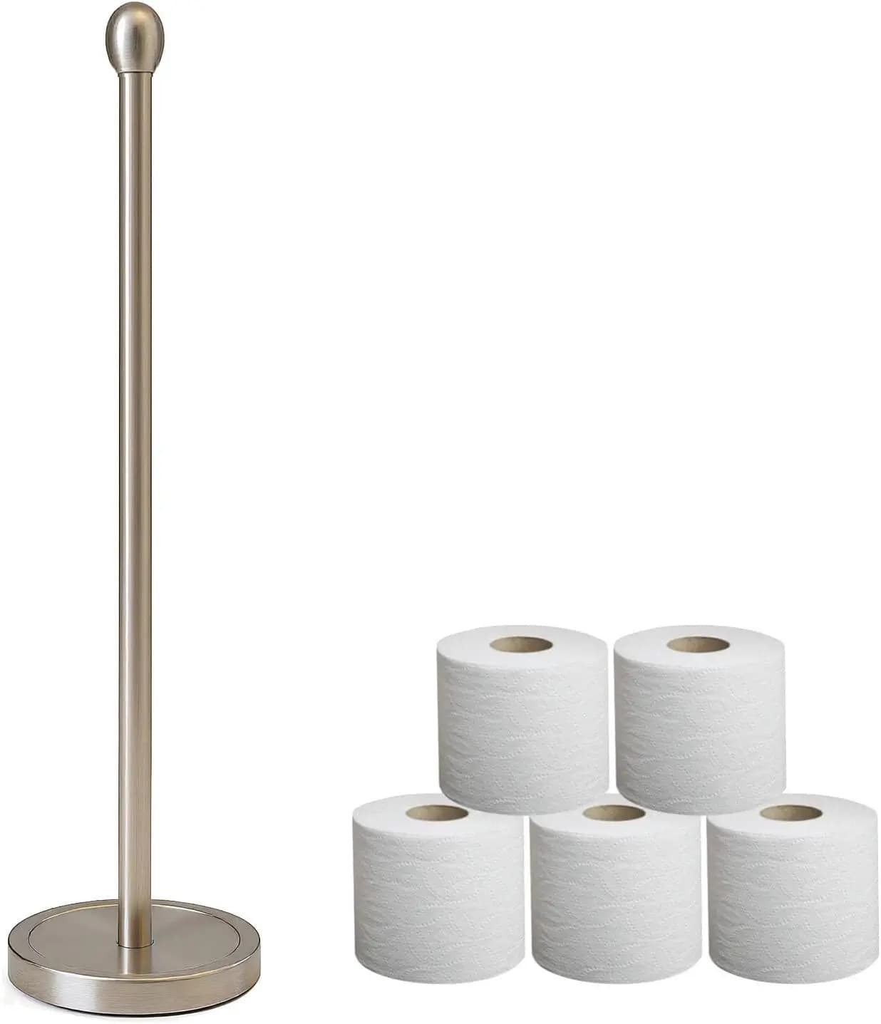 Standing Toilet Paper Holder, 5-Rolls TP Stand with Storage, Stainless Steel Bathroom Tissue Holder, Free Standing Floor