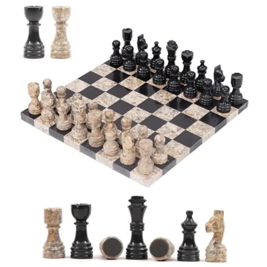 Set di Scacchi in Marmo per Adulti: Scacchiera in Corallo Nero con 32 Pezzi e 2 Regine Extra, Regalo di Lusso per San Valentino per Lui