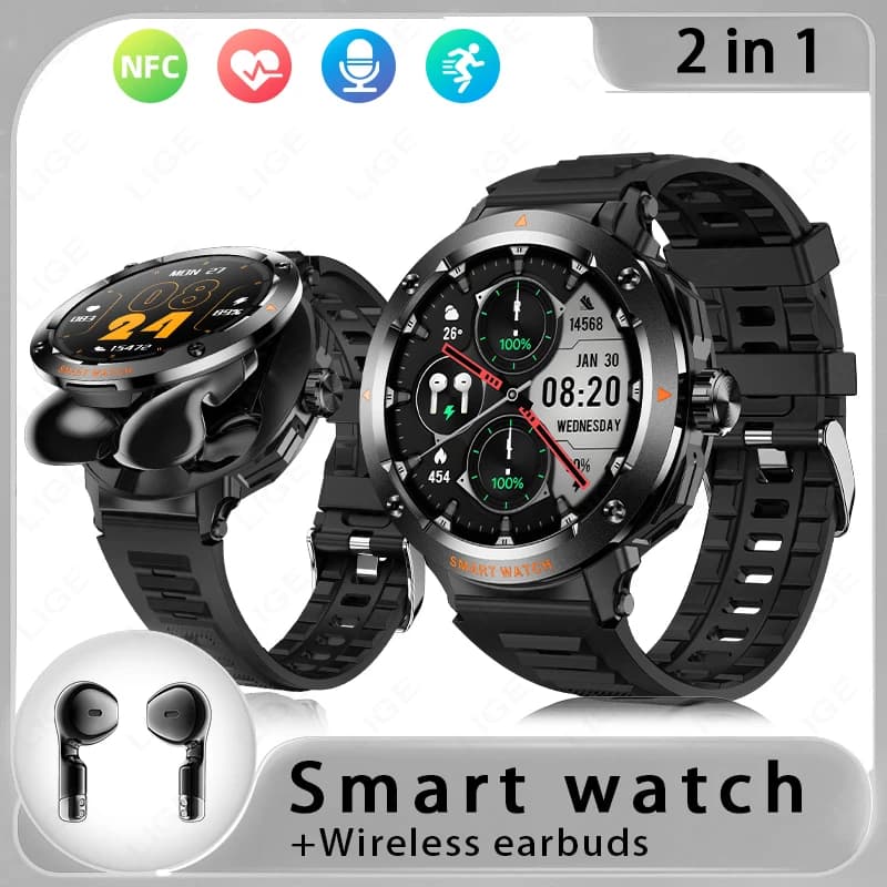 Nuovo Smartwatch LIGE 2 IN 1 con auricolari TWS, NFC, cardiofrequenzimetro, monitoraggio dell'ossigeno nel sangue, fitness tracker, orologio sportivo, chiamate Bluetooth, smartwatch da uomo