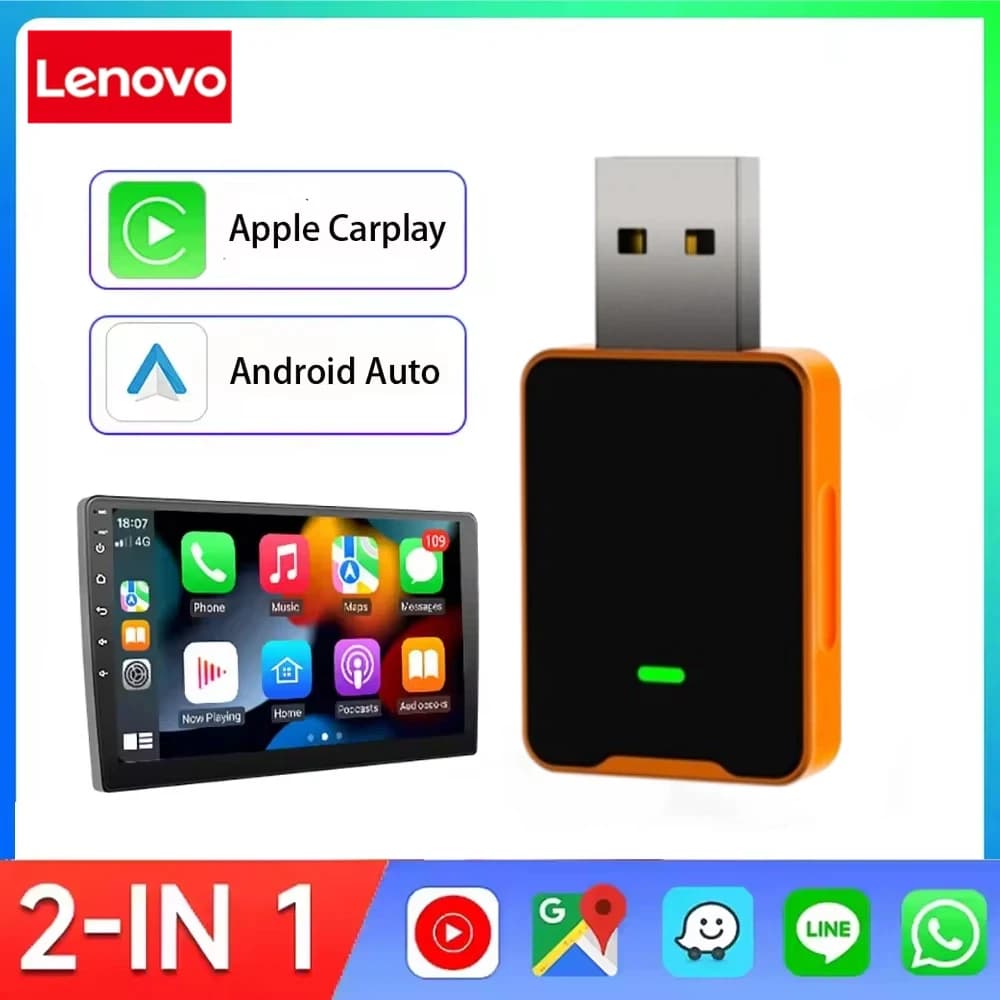 Adattatore Wireless 2IN1 Lenovo 2026 per CarPlay e Android Auto, Mini Box Intelligente Plug and Play, Connessione WiFi 5.8G Rapida, Universale