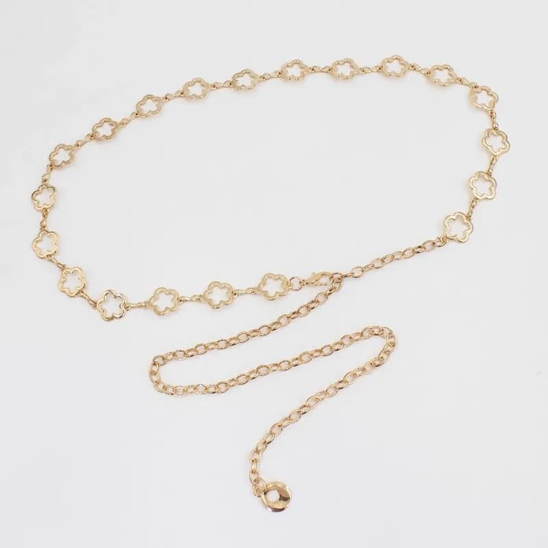 Cintura in metallo da donna con catena decorativa, versatile, per jeans JK, con motivo floreale, sottile, stile dolce, fibbia a cerchio singolo