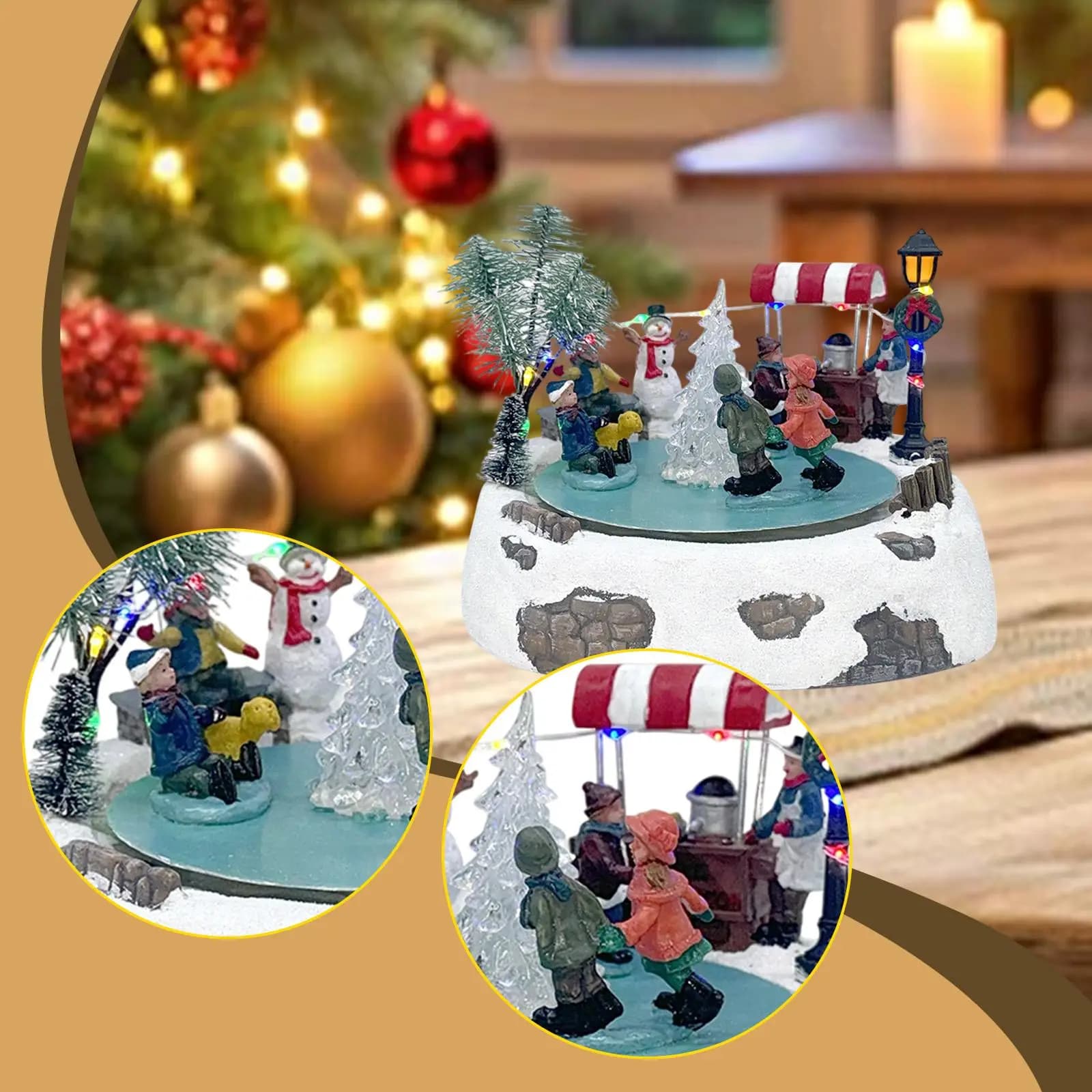 Biro di ghiaccio del villaggio di Natale animato, scultura di ornamento da tavolo, scena di neve musicale illuminata di Natale con carillon di pattinaggio per bambini