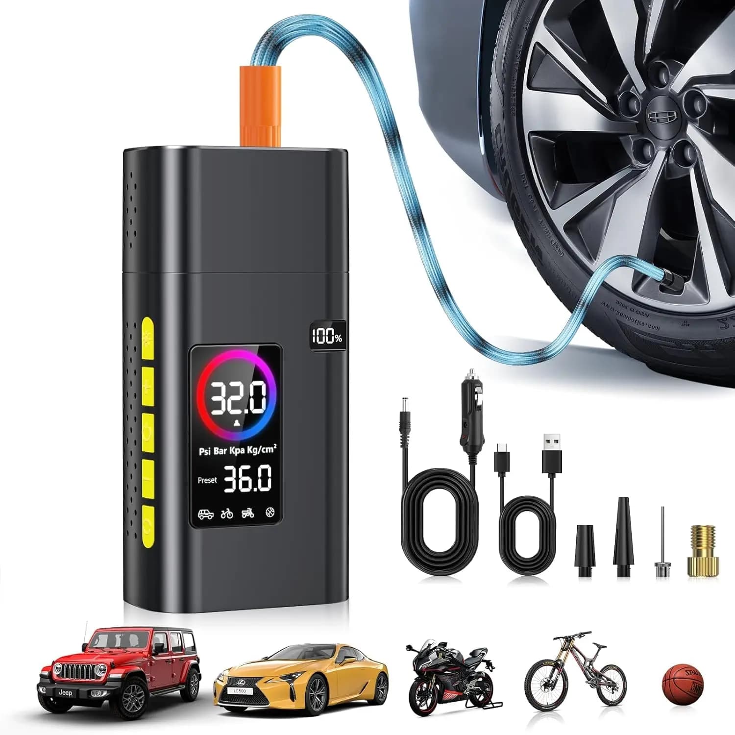 Compressore d'aria portatile 180psi per pneumatici auto, pompa rapida per bici con manometro digitale, luce LED e power bank