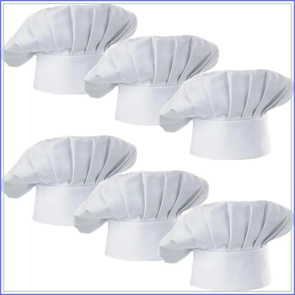6 PCS Chef Hat Set, Adjustable Elastic Baker Kitchen Cooking Cap for Adults (White)