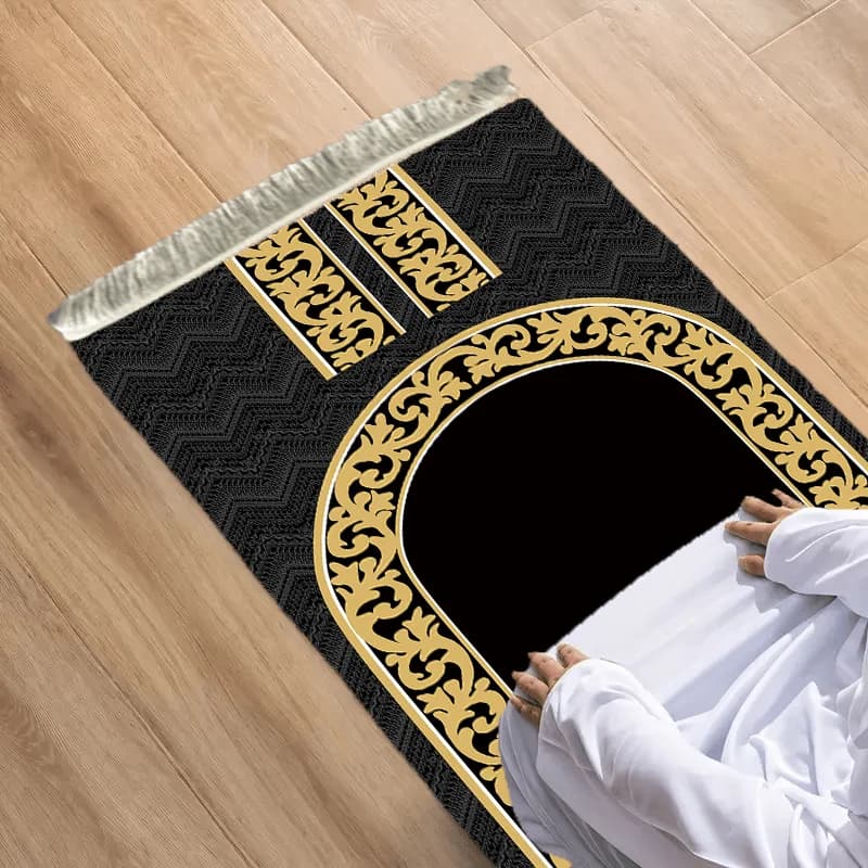 Tappetino da Preghiera Musulmano Minimalista Nero e Oro VIKAMA – Per Casa, Viaggi e Moschee – Tappeto Islamico Lavabile
