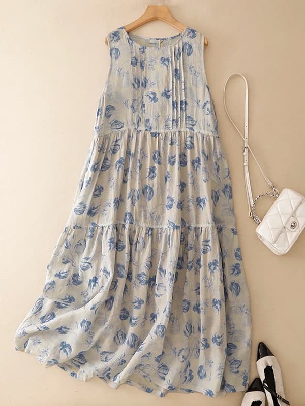 Artistic Large Size Blue Print Cotton Linen Sleeveless Women's Summer Dress Meat Concealing Slimming Gown Vest Long Dress