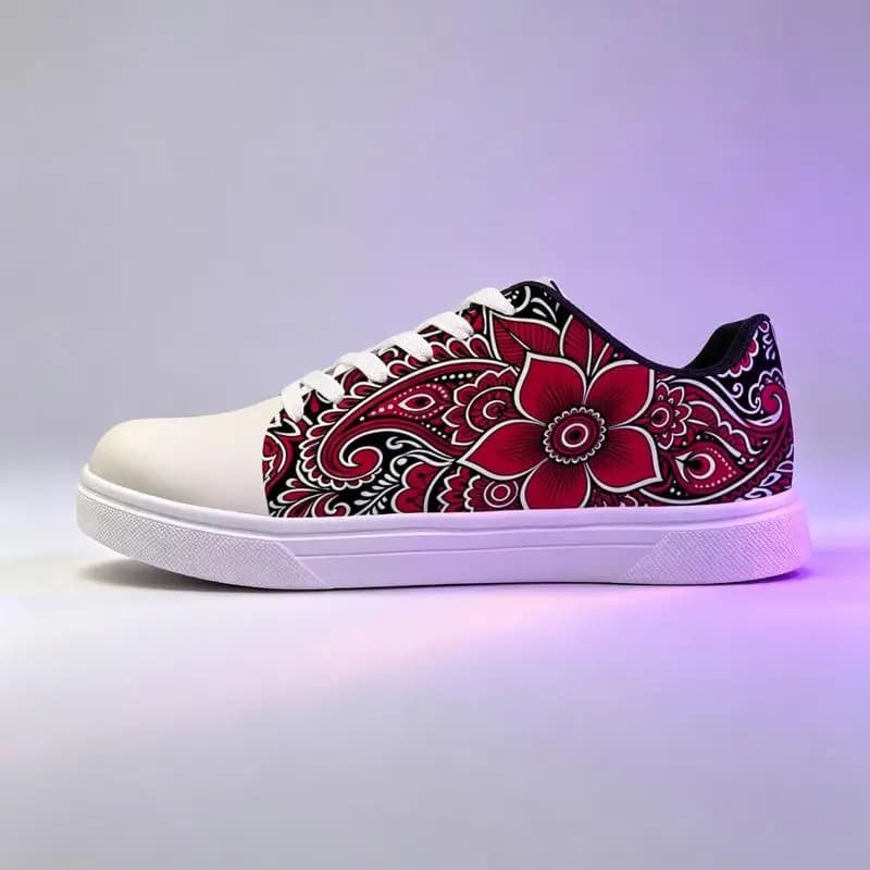 Ladies Men's road running shoes，White sneakers with printed design，Red and black floral paisley pattern，Various sizes available，