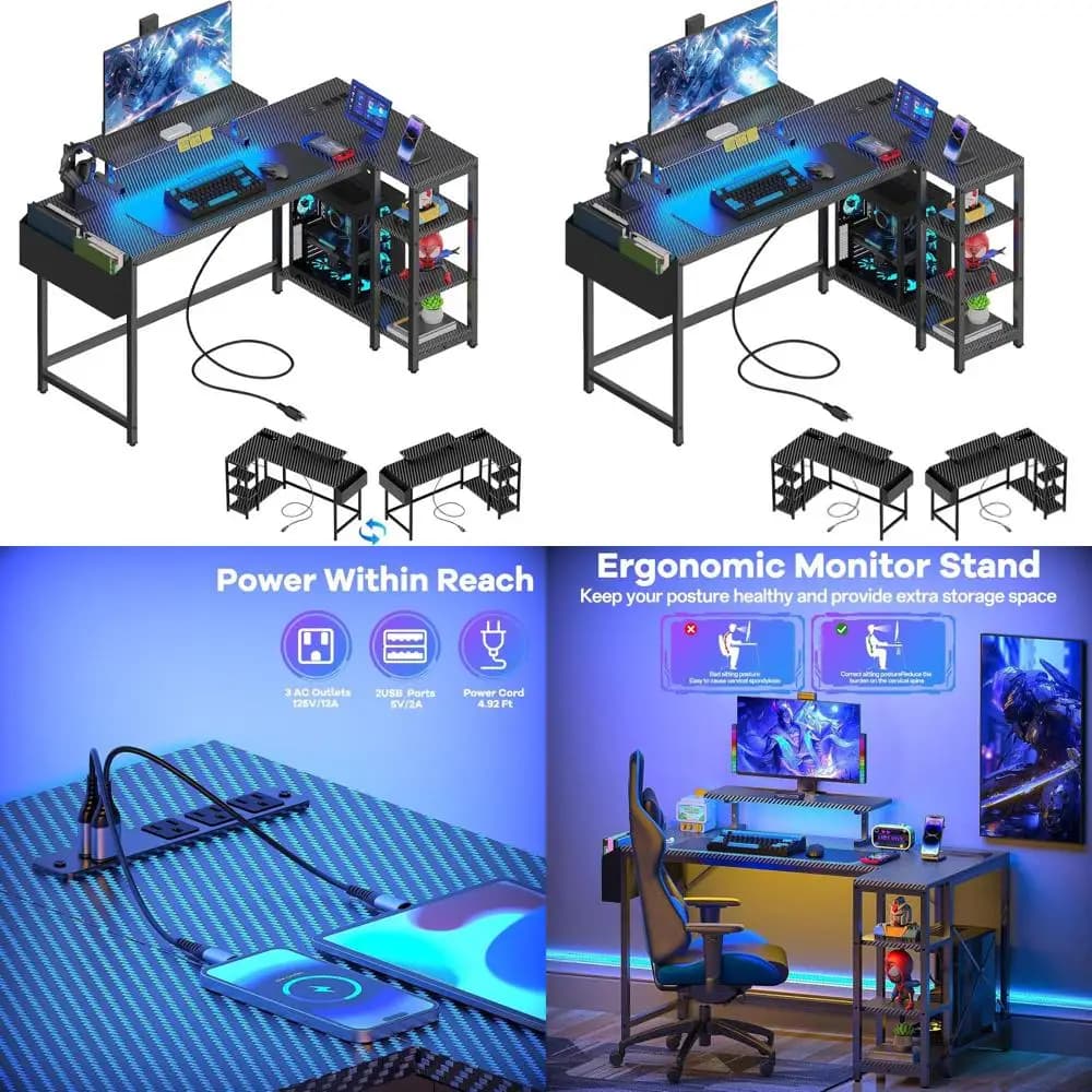 Carbon Fiber Corner Play Desk with LED, 40 monitor support, power outlet and compact space