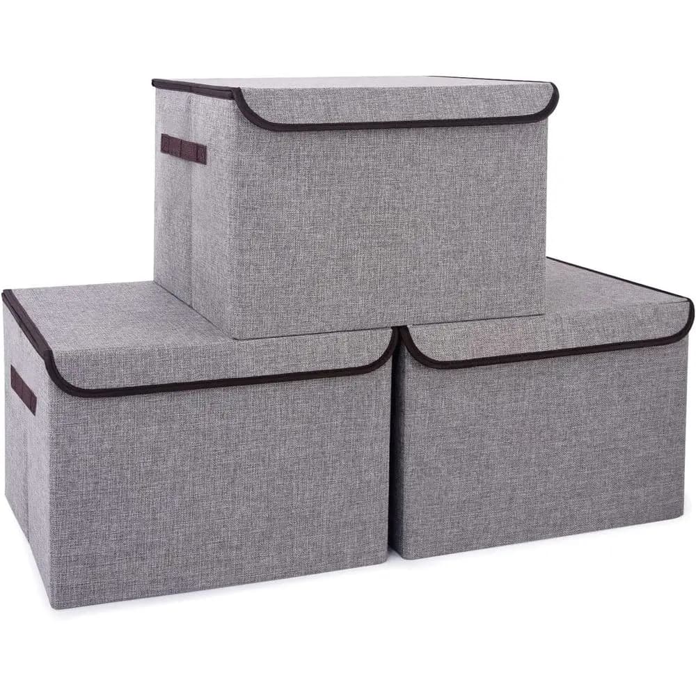 Set of 3 Foldable and Stackable Containers from 17.42 Quarti con Coperchi, Lino Boxes for Armadio Organization with Labels