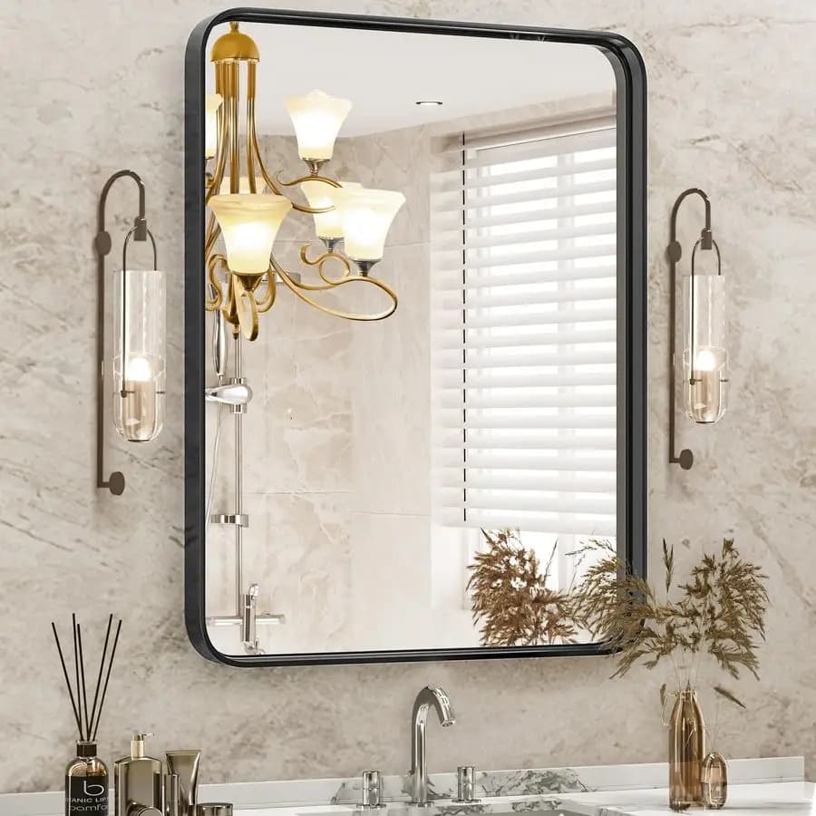 Specchio da Bagno Rettangolare Arrotondato con Cornice in Metallo Nero per Sopra il Lavabo, Specchio Grande Opaco 36x24 Pollici, Decorazione Moderna
