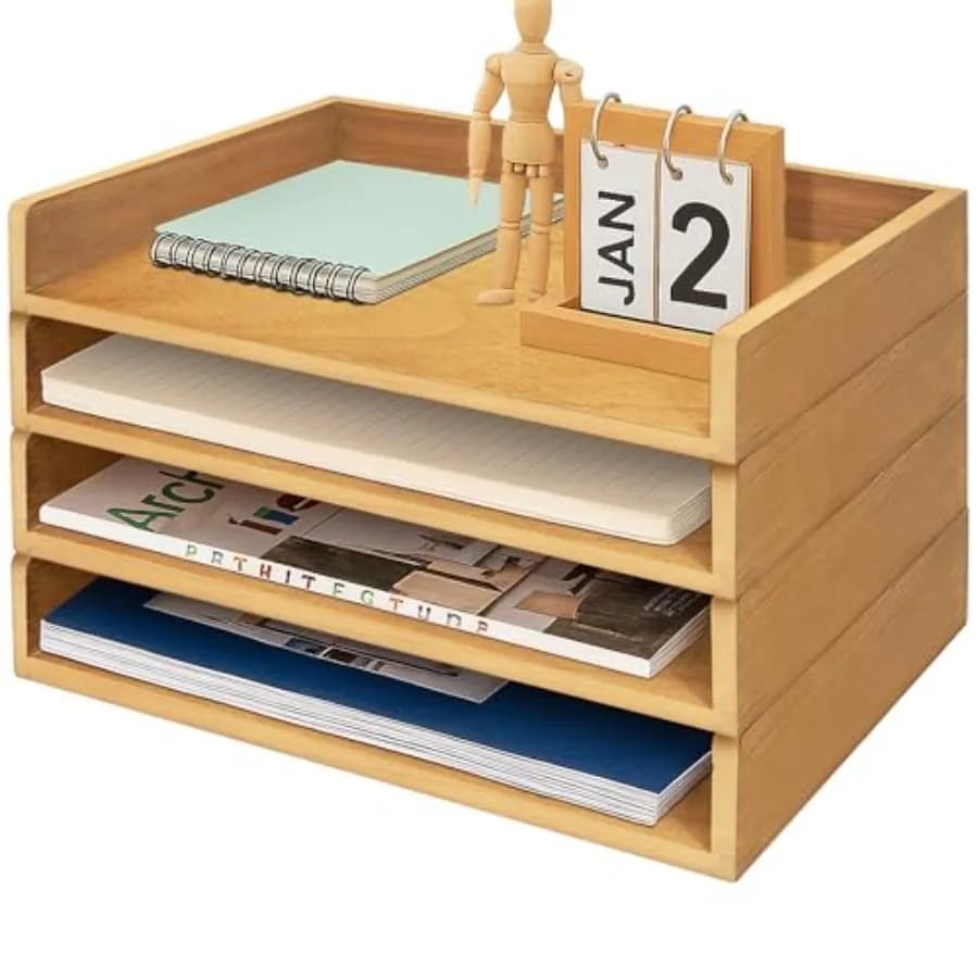 Organizzatore da scrivania in legno impilabile per documenti e lettere, portaoggetti a 4 livelli per studio e casa