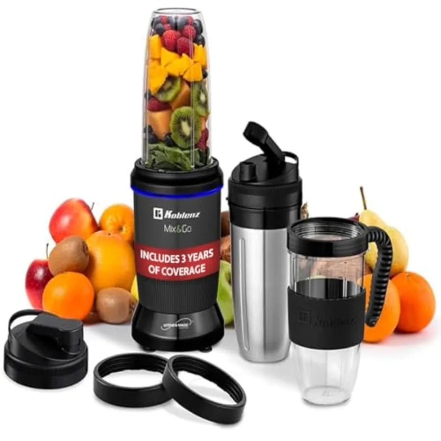 Portable Frullator for Frullati and Smoothie with 1000W Motor, Grey Stainless Steel and Tritan Takeaway Glasses, Kit with 12 Accessories