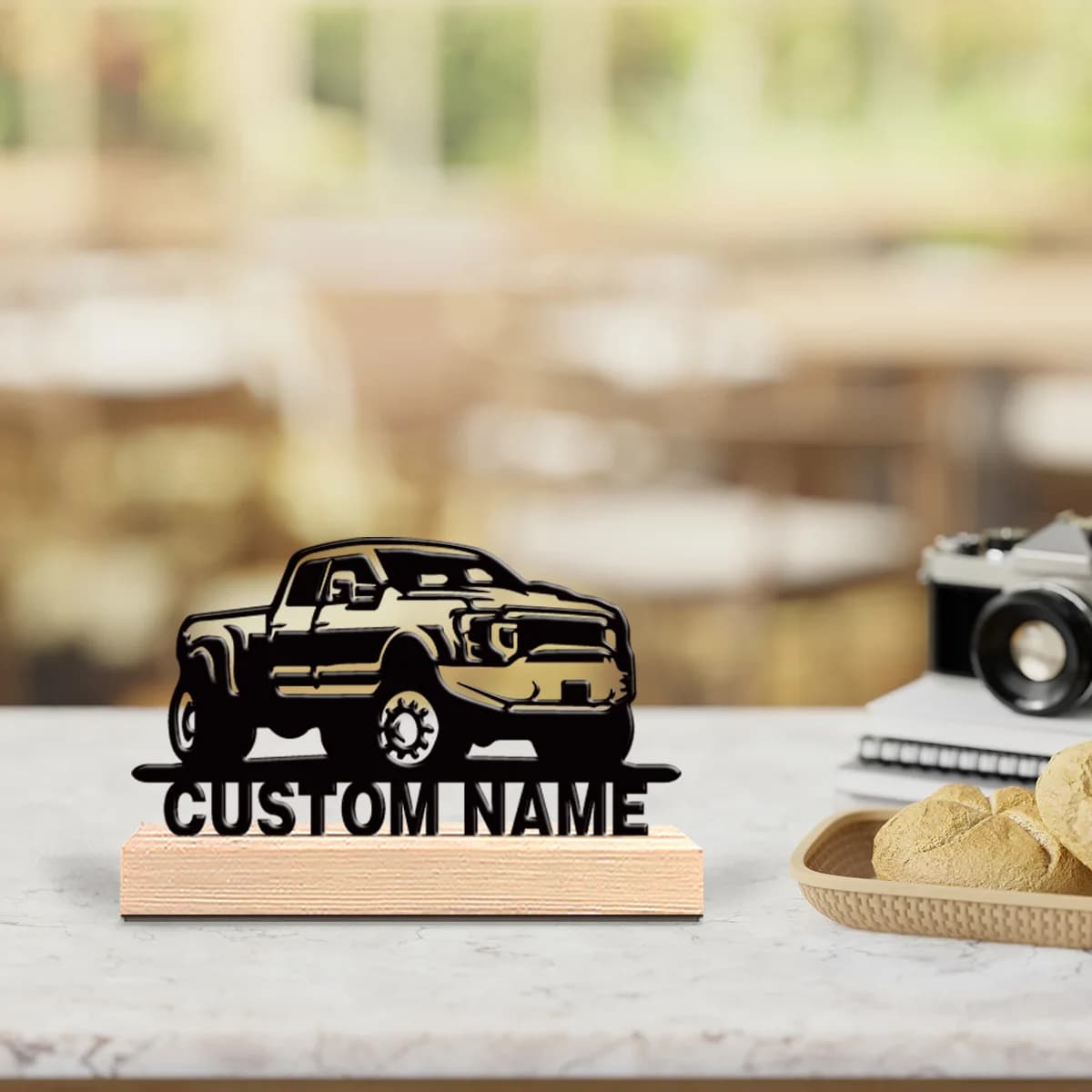 Decorazione da Tavolo in Metallo Personalizzata a Forma di Pickup con Base in Legno, Regalo Astronomico, 1 Pezzo