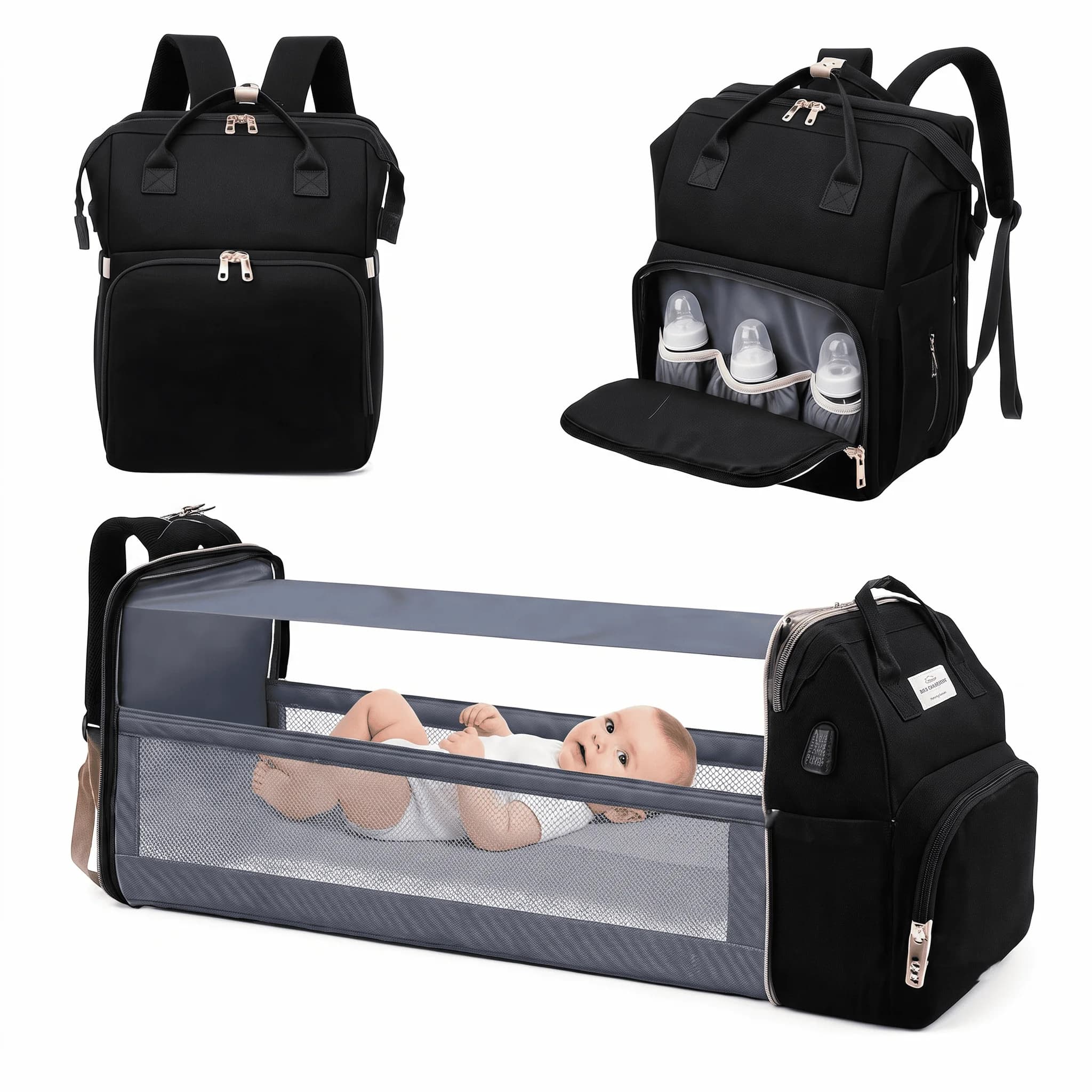 Multifunctional Travel Diaper Bag Backpack with Foldable Bassinet, Large Capacity Baby Nappy Bag with USB Charging Port and USB External Port