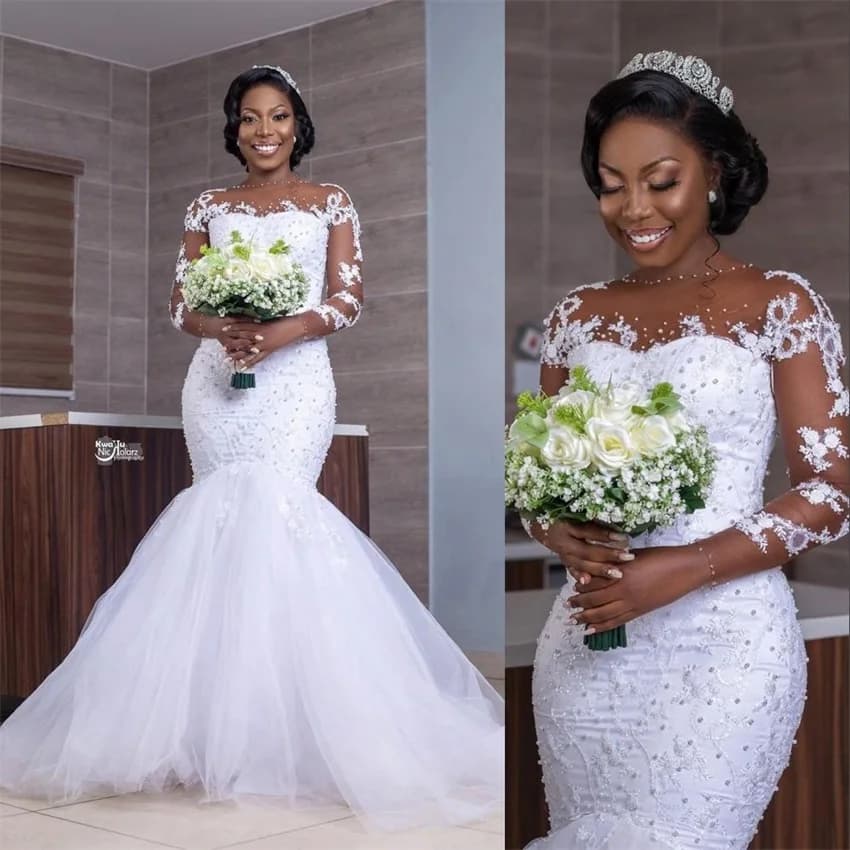Abiti da sposa bianchi africani per la sposa nera Sirena di lusso con perline Perle Abiti da sposa a maniche lunghe Vestido De Noiva Personalizzato