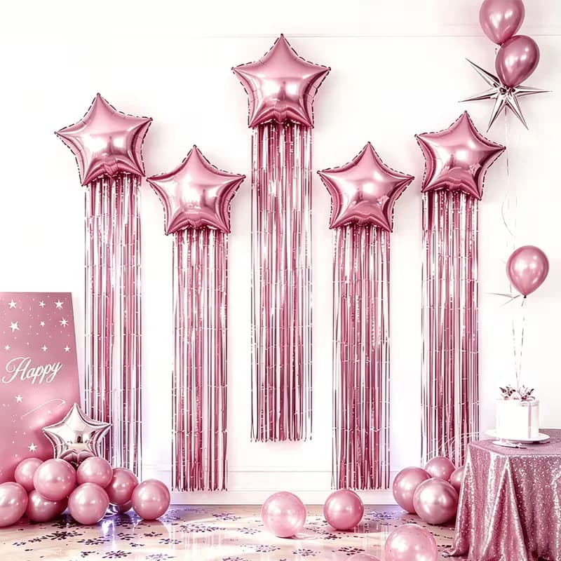 6pcs Pink Five-Pointed Star Balloon and Tassel Curtain Set,for Birthday Parties,Family, Wedding,Back-to-School,Christmas