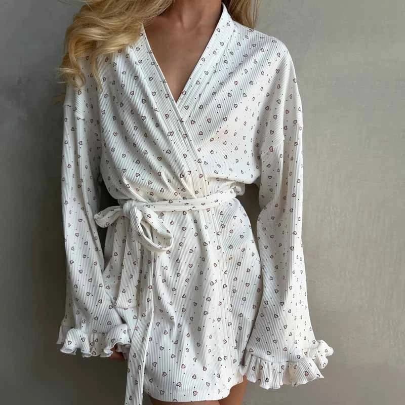 Heart Print Robe for Women, 1-Piece Lace Trim Long Sleeve Bathrobe, Tie-Front & Relaxed Fit, Cozy Fall Winter Home Loungewear