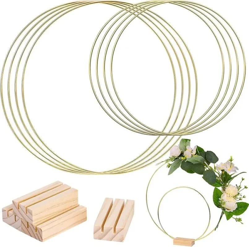 Gold Metal Wreath Ring Hoop With Wooden Base Holder Wedding Artificial Flowers Garland DIY Decoration Home Dream Catcher Making